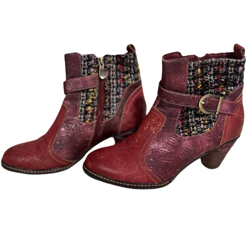 L'Atiste by Spring Step Nancies Burgundy Leather Tweed Ankle Boots Size EU 39 - Picture 3 of 17